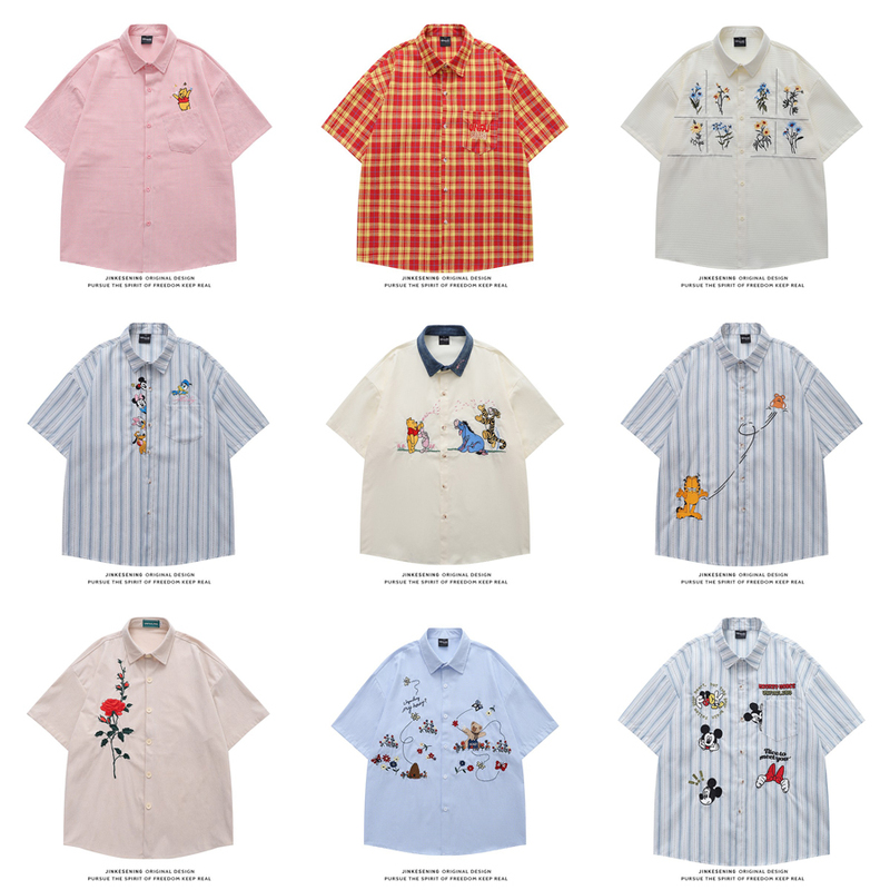 Summer American Retro Heavy Embroidery Floral Short-Sleeve Shirt Unisex Trendy Brand Bf Style Loose Couple Cartoon Shirt Summer American Retro Heavy Embroidery Floral Short-Sleeve Shirt Unisex Trendy Brand Bf Style Loose Couple Cartoon Shirt