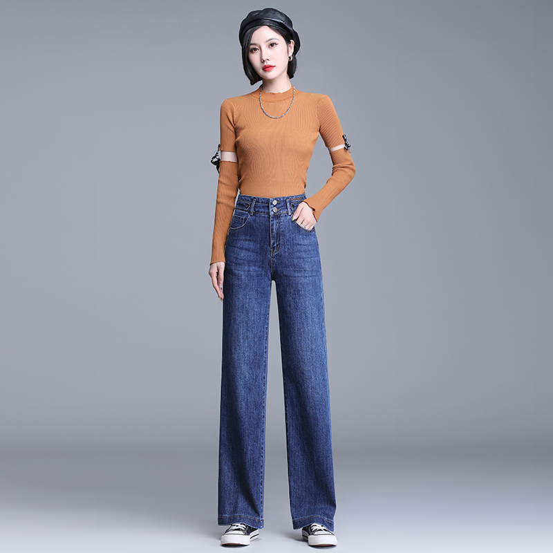 High-Waisted Straight-Leg Jeans for Women Spring and Summer Large Size Double-Breasted Loose Casual Wide-Leg Pants Cigarette Pipe Draped Floor-Length Pants
