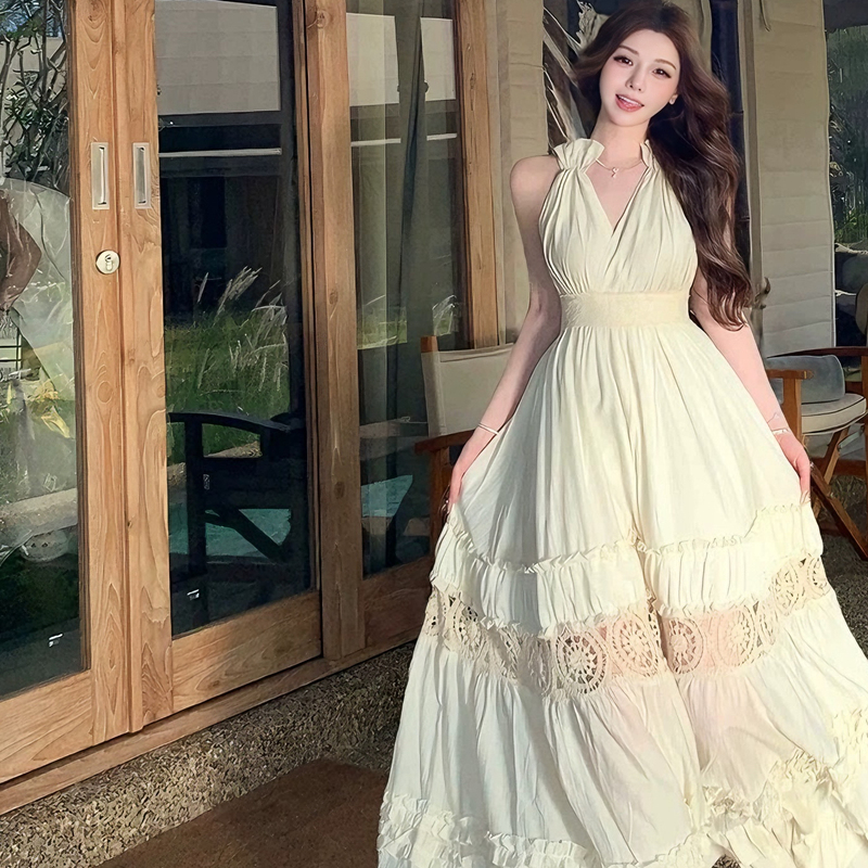 Bohemian French Romantic Style Halterneck Dress for Women Plus Size Holiday Style Waist Slimming Cake Skirt Long Skirt