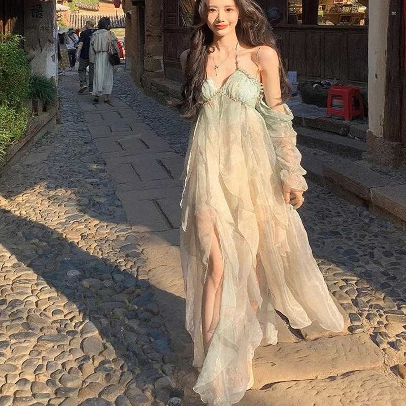 Bohemian French Resort Style Suspender Halter Dress for Women Plus Size Summer Elegant and Beautiful Beach Long Skirt Bohemian French Resort Style Suspender Halter Dress for Women Plus Size Summer Elegant and Beautiful Beach Long Skirt
