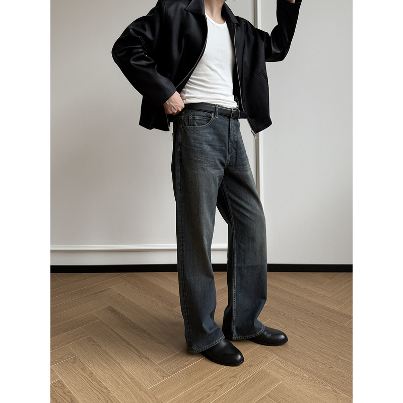 Carl Wang Italian Pu Wax Midnight Blue Bamboo Water-Washed Whiskered Denim Pants C01 Style