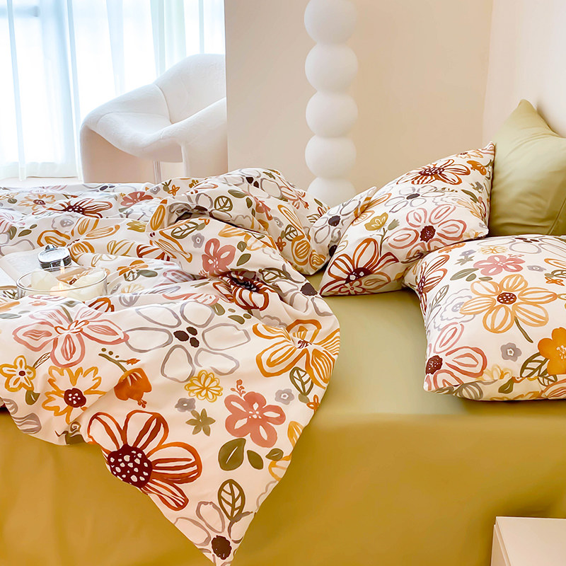 Nordic Wind Hand Painted Pure Cotton Bed Four Pieces Of Whole Cotton Quilts Covered Student Dormitory Bed Linen Three Sets 1 8m Bed Gasawara-Taobao