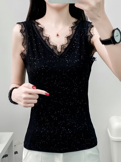 Sexy lace V-neck camisole women's 2025 spring and summer new sequined slim-fitting bottoming shirt sleeveless top