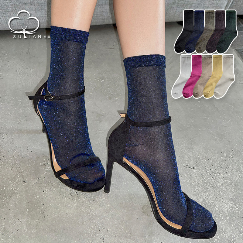 Gold and Silver Stockings, Women's Short Socks, Summer Thin Style, Sexy Women's Socks, Shiny Crystal Women's Stockings, Sparkling Silk Stockings, Breathable Socks