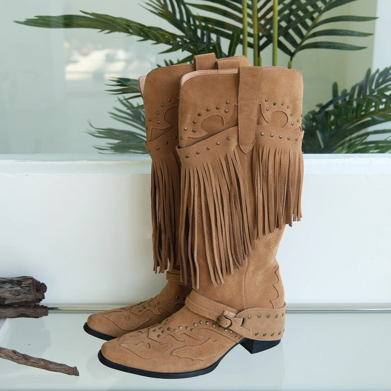 2026 European and American New Style Genuine Leather Pointed Toe Studded Embroidered Western Cowboy Boots Height-Increasing Retro Tassel Riding Boots for Women Trendy