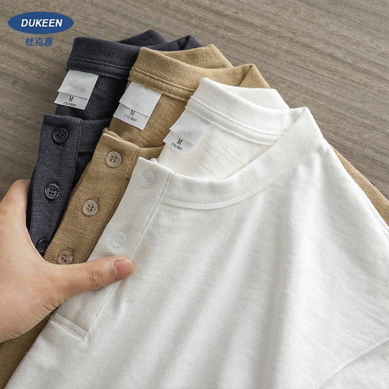 320g Heavyweight Henley Collar Short-Sleeve T-Shirt for Men, Summer American Style Henley Shirt, Solid Color Pure Cotton Regular Shoulder T-Shirt, Half-Sleeve