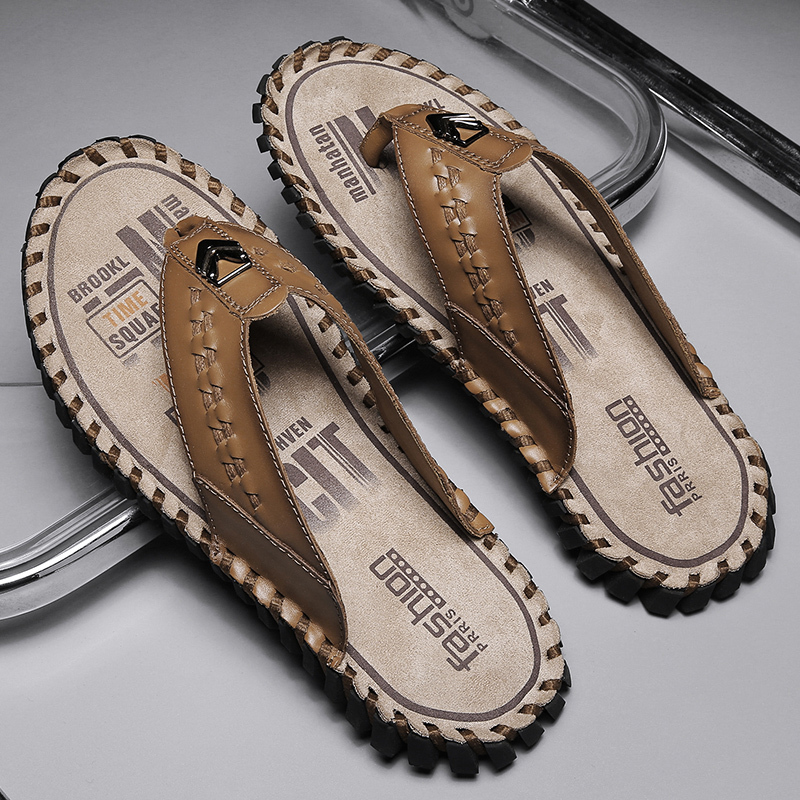 Men's Leather Flip-Flops Size 48 Summer Genuine Leather Extra Large Size Men's Flip-Flops Size 45 Non-Slip Size 46 Outdoor Wear Men's Sandals Size 47