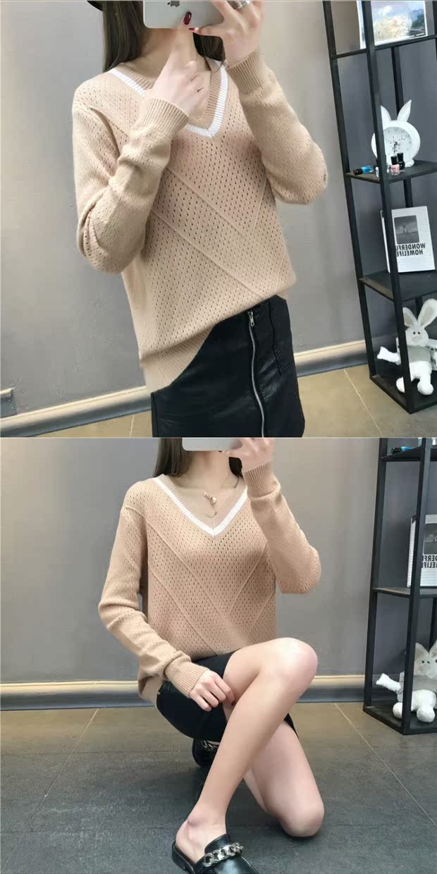 Đầu xuân 2018 phiên bản Hàn Quốc mới của áo len cổ chữ V nữ rộng ngắn mùa thu hoang dã đan áo mỏng phần đáy áo ghi lê len cho nữ