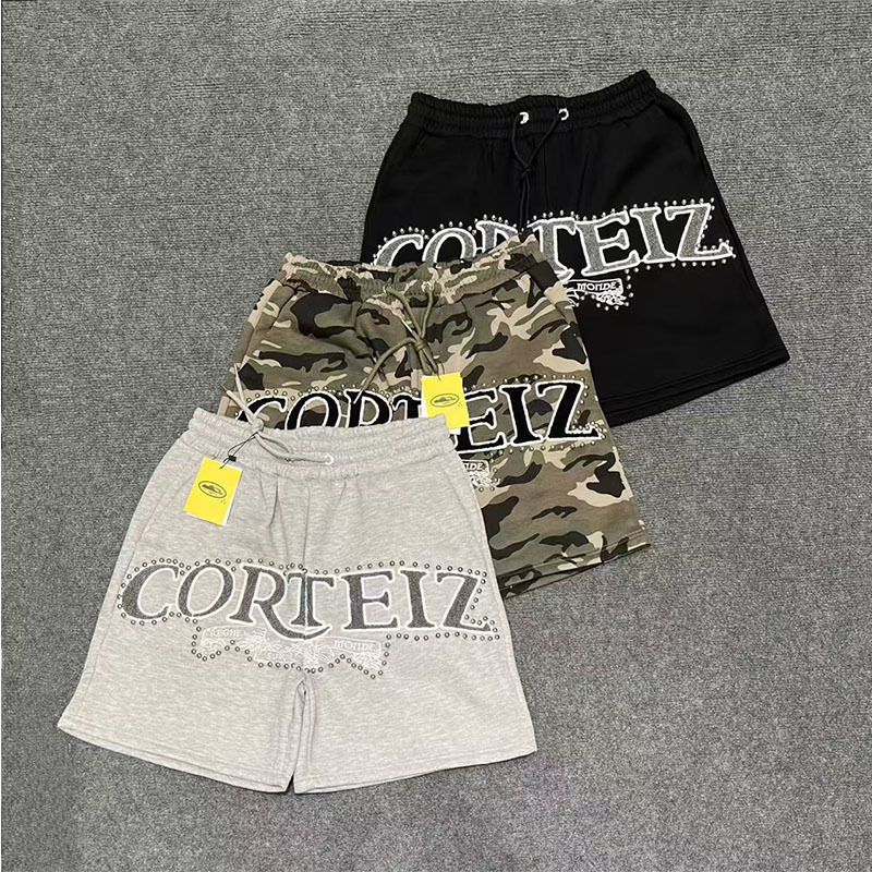 Corteiz American High Street Fashion Brand Letter Embroidery Beaded Sports Casual Pure Cotton Fleece-Lined Camouflage Drawstring Shorts