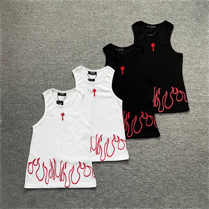 Trapstar American High Street Fashion Brand Hip-Hop Summer Flame Print Logo Embroidered Sleeveless Round Neck Tank Top Sweatshirt
