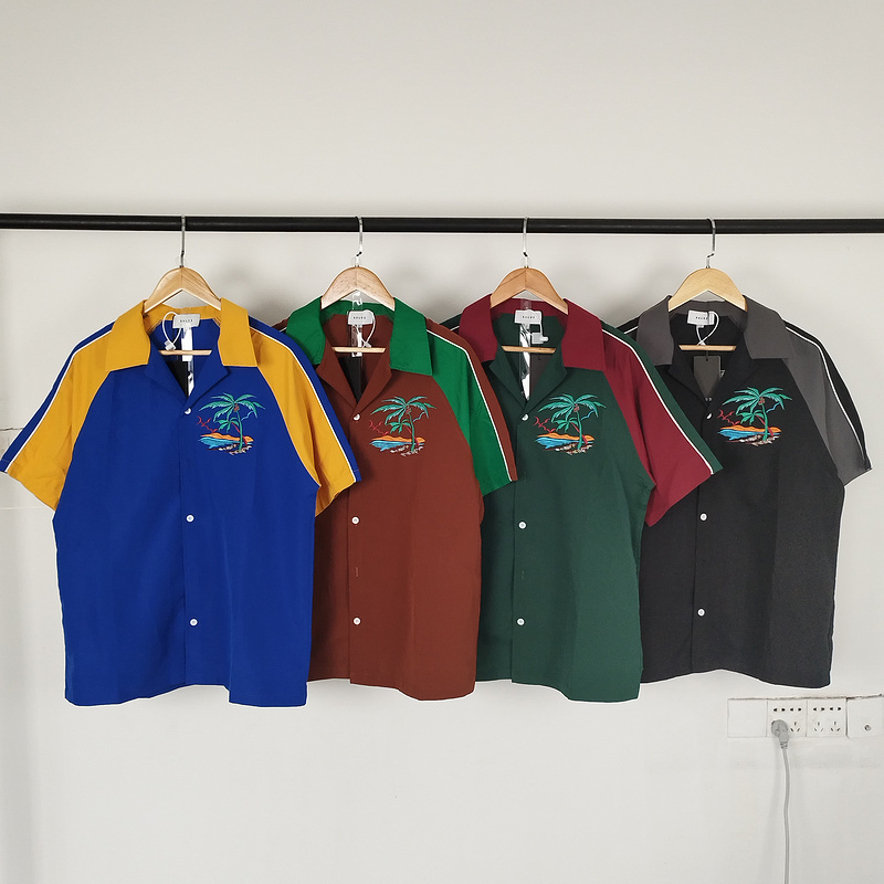 Rhude Trendy High Street Summer Casual Letter Coconut Tree Embroidery Retro Patchwork Color-Blocking Loose Short-Sleeve Shirt Fog