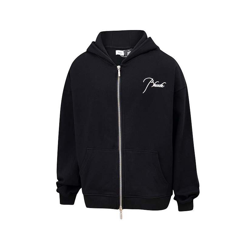 Rhude American High Street Style Unisex Couple Letter Logo Embroidered Heavyweight Terry Cardigan Hooded Sweatshirt Jacket Trendy