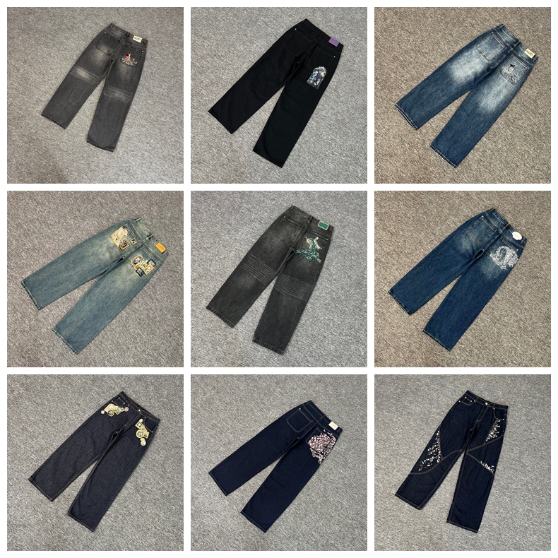 Derschutze Gallery Denim Jeans Niche Fashion Cherry Blossom Embroidery Straight-Leg Denim Pants for Men