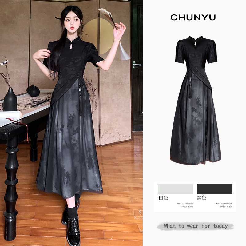 Plus-Size Retro New Chinese-Style Faux Two-Piece Dress with an Advanced Feel, Ink Painting Plate Buckle, National Style Waist-Cinching Dress for Women in Summer Plus-Size Retro New Chinese-Style Faux Two-Piece Dress with an Advanced Feel, Ink Painting Plate Buckle, National Style Waist-Cinching Dress for Women in Summer