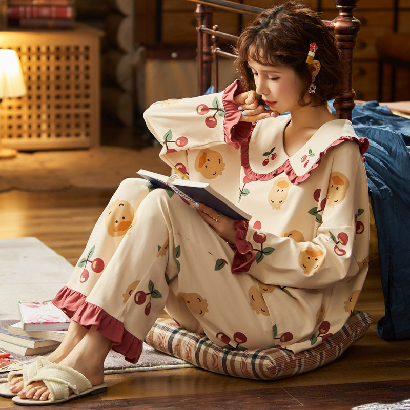 Pajamas women's spring and autumn pure cotton long-sleeved cotton student cute Korean version 2020 new style can be worn outside the home clothes suit