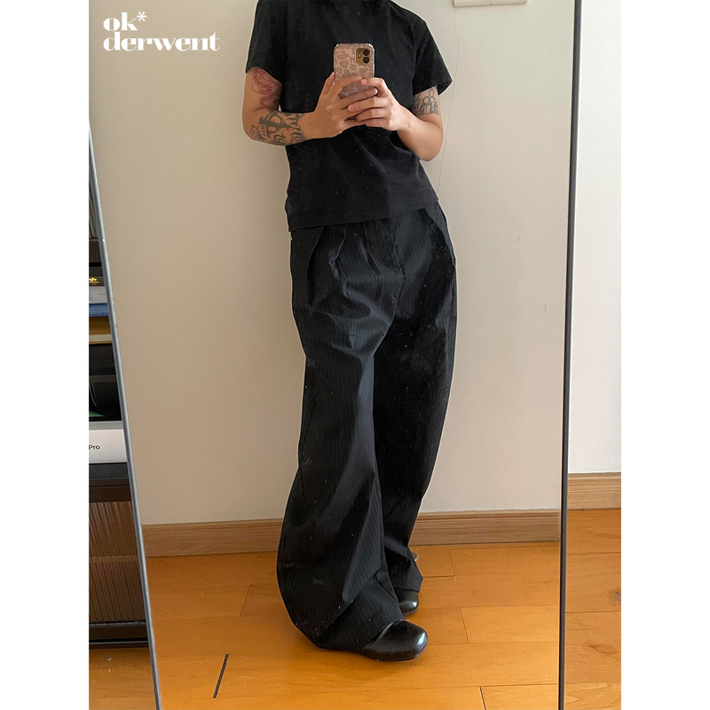 Okderwent【Vertical Stripe Baggy Scimitar-Style Trousers】Retro Drapey Wrinkle-Resistant Loose Casual Work Pants