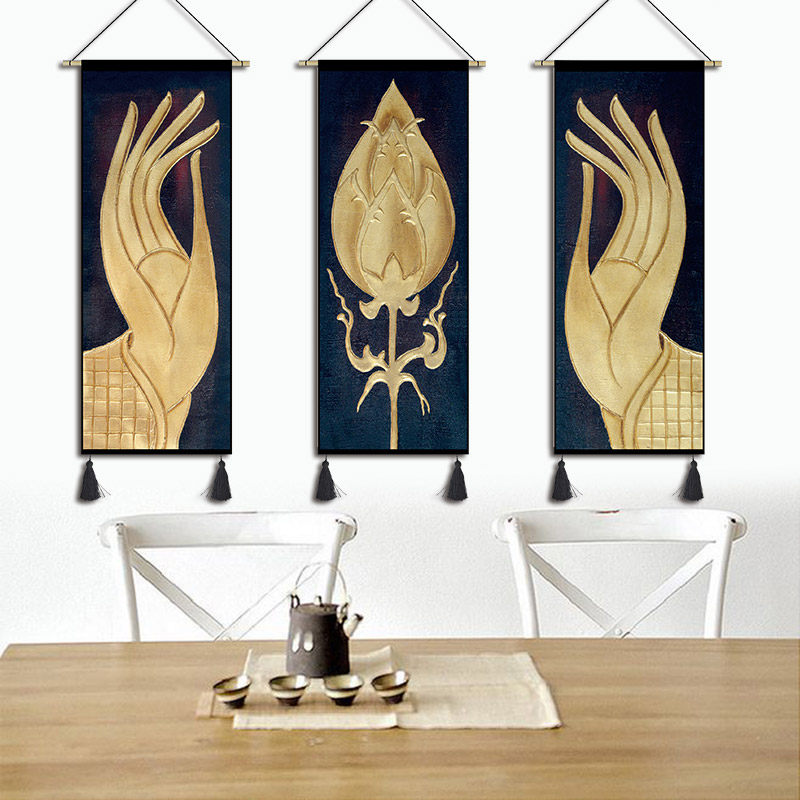 New Chinese meditation Buddha hand hanging painting cloth art living room Xuanguan decoration painting tea building tapestry Chinese wind triptych hanging cloth-Taobao