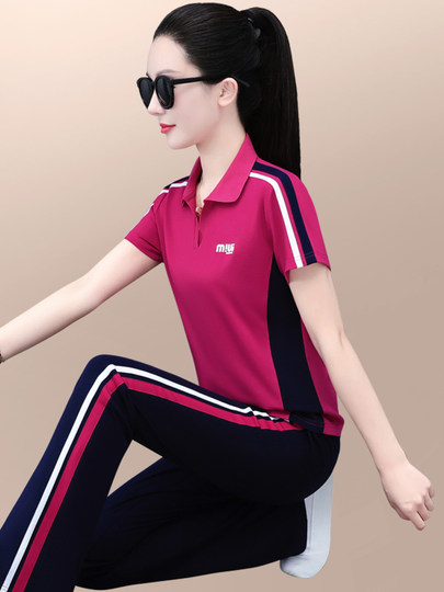 休闲运动服套装女夏季2025年新款洋气减龄显瘦冰丝短袖长裤两件套