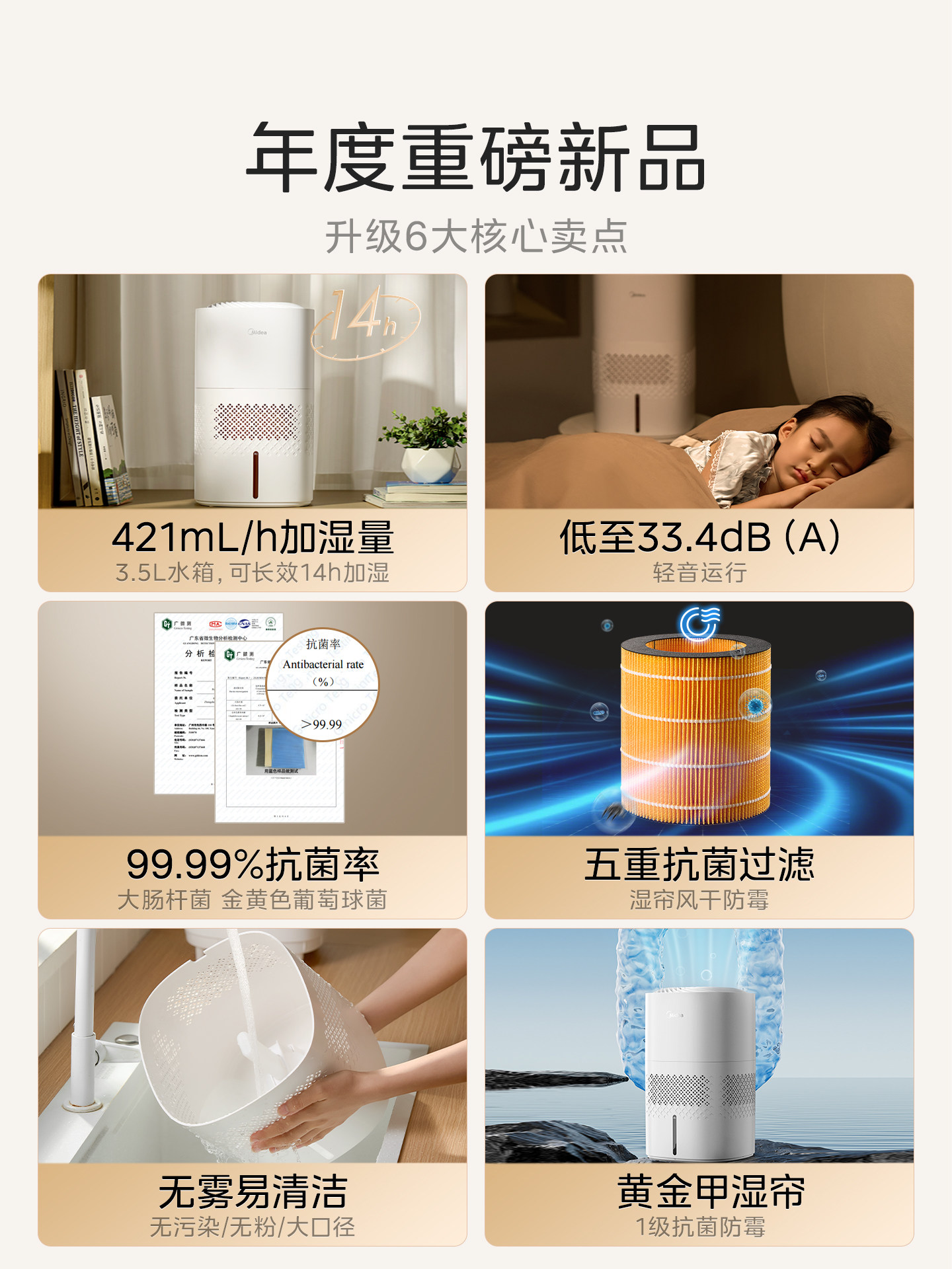 Midea Fog-Free Humidifier 3J40 for Home Use in Living Room and Bedroom, Quiet Antibacterial Air Humidifying Sprayer, 2025 New Model