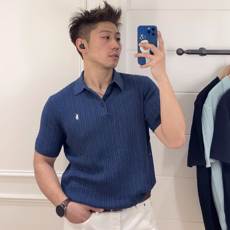 Old Money Style Men's Polo Collar Short-Sleeve Knit Shirt, Blue Cable Knit T-Shirt with a Turn-Down Collar, Casual and Versatile