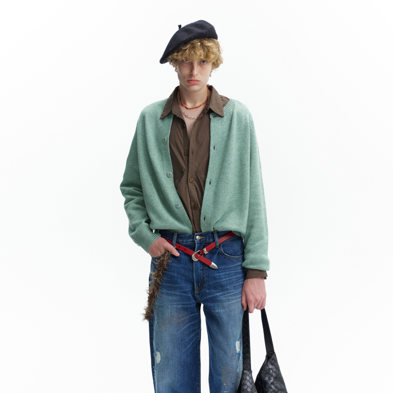 Gear Company Green Bamboo Color Wool Blend Button Cardigan Sweater Jacket Spring Lazy Style Knitwear