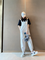 White navy blue overalls buckle pants cute and fashionable street college style wide loose Collection pants