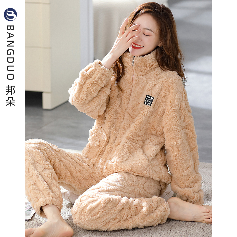 Sleepwear Lady Winter Coral Suede Thickened Garnter Warm Women's Autumn Winter Flange Suede Winter Flannel can be worn outside home clothes-Taobao