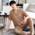 Bộ đồ ngủ Mens Summer Mordale bông lụa tay áo ngắn mỏng mùa hè mens kích thước lớn loose-fitting phù hợp với gia đình. 