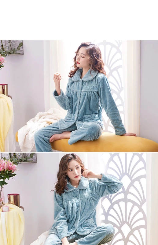 Đồ ngủ nữ mùa đông san hô nhung dày dặn mùa thu đông ấm áp mẹ trung niên flannel mùa đông nhung phục vụ tận nhà - Cặp đôi