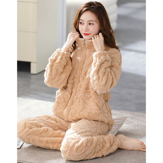 Pajamas women's winter coral fleece thickened and velvet warm women's autumn and winter flannel winter can be worn outside home clothes