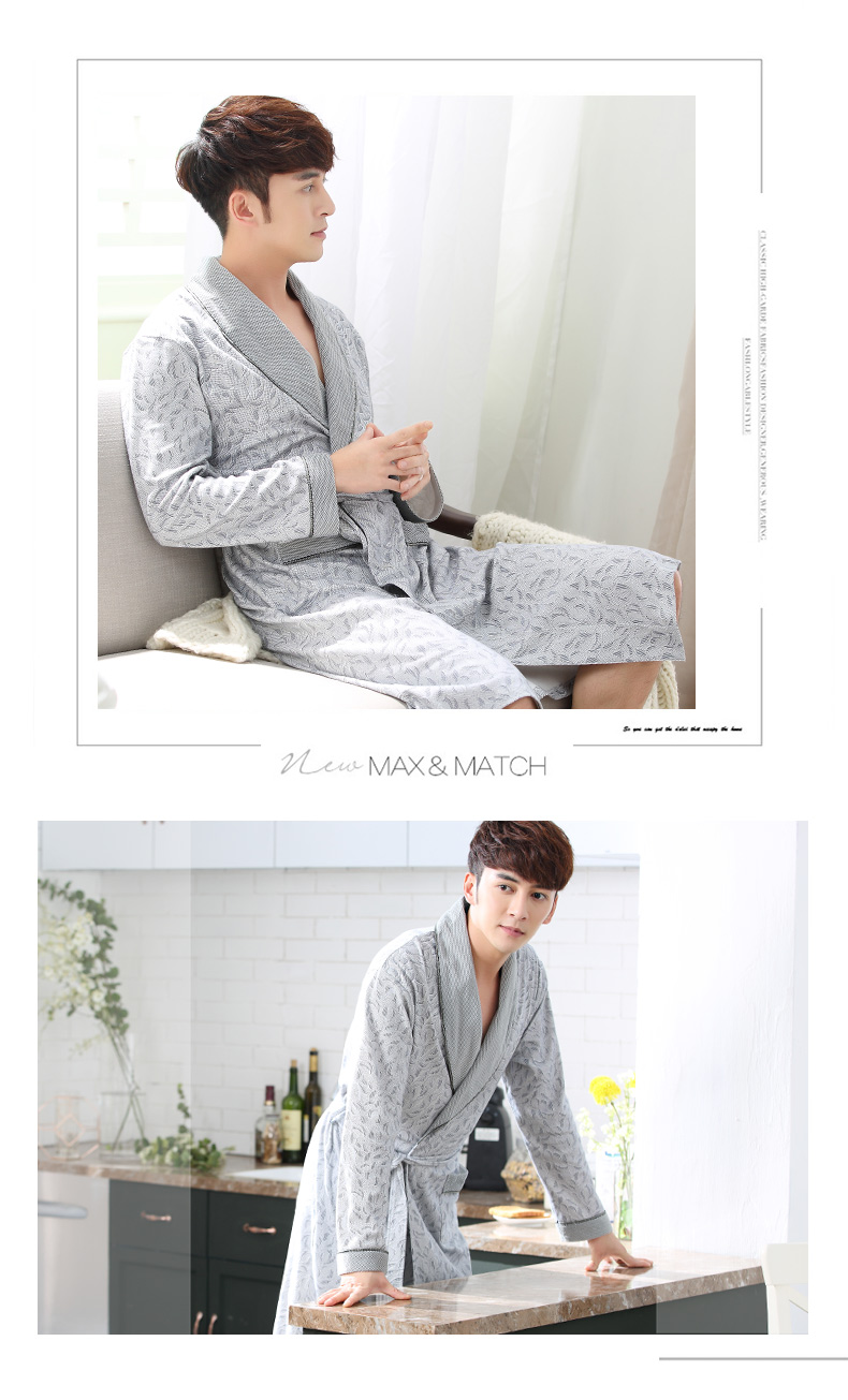 Áo ngủ nam dài tay mùa thu cotton phần dài cotton đồ ngủ mùa hè của nam giới áo choàng tắm cộng với phân bón để tăng nam mùa xuân và mùa thu đồ ngủ lụa