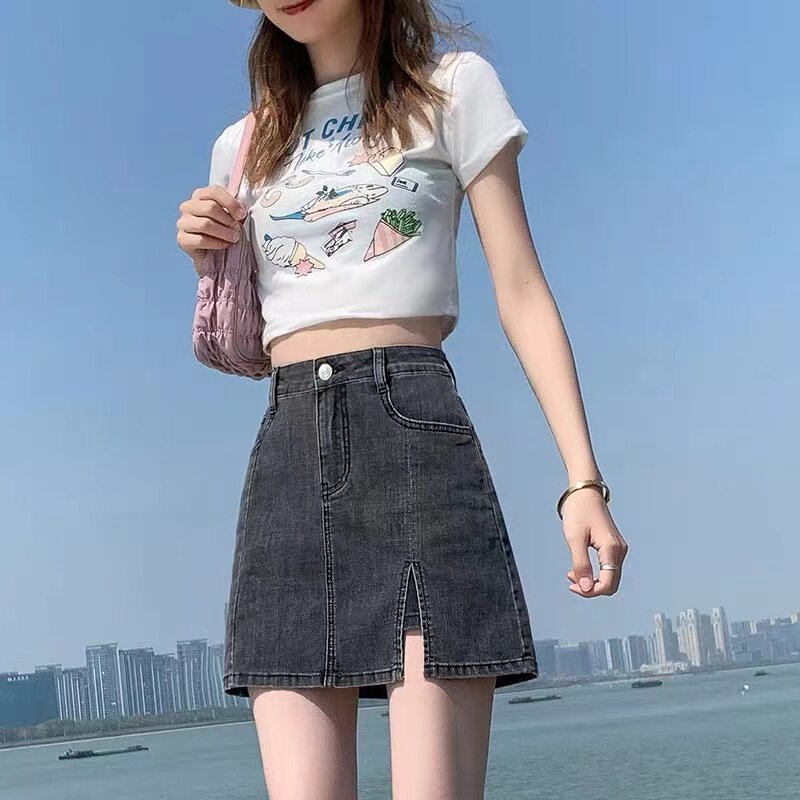 Korea 2022 Summer Elastic Denim Skirt Half Body Skirt Woman High Waist Anti Walking Light Bag Hip Skirt Open Fork a pair of short skirts