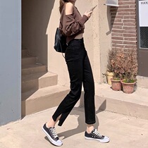 Korean black split jeans women nine points 2021 autumn and winter plus velvet high waist slim eight points pipe straight tube pants