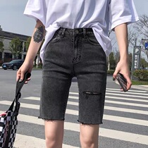 South Korea 2021 summer thin five-point jeans womens hole high waist shorts stretch skinny straight middle pants