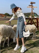 South Korea Former open fork Cowboy half body dress Women 2022 Summer new high waist A character retro long style bag hip skirt