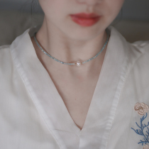 hzhyeyuan design sense sea blue treasure string pearl neck chain fresh and elegant lock bone chain short necklace Japan-ROK 20706