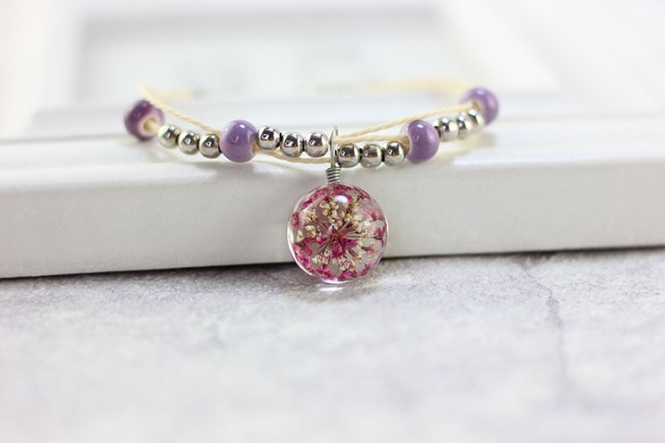 Hoa đào Shili với hoa khô Sakura Hoa bất tử Thời gian Vòng tay đá quý Sen Nữ Handmade dệt kim Trang trí đào vòng tay may mắn
