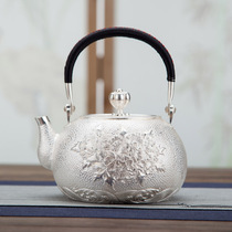 Silver pot sterling silver 999 boiling kettle one piece of pure handmade household large-capacity water pattern peony lifting beam silver pot
