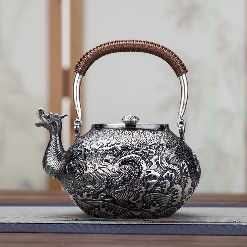 Japanese silver kettle 999 pure silver teapot household tea ceremony cooking tea old silver pot pure hand - made double dragon bead