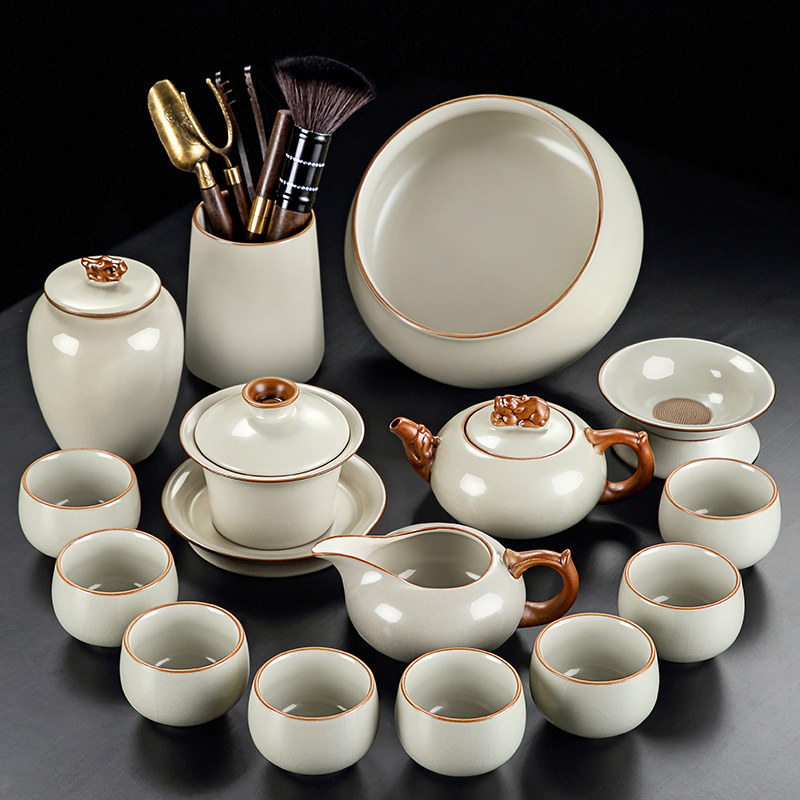 2023 New Ru Kiln Kung Fu Tea Set Suit Home Chinese Style Light Luxury High-end Cover Bowl Tea Cup Bubble Teapot Teapot-Taobao