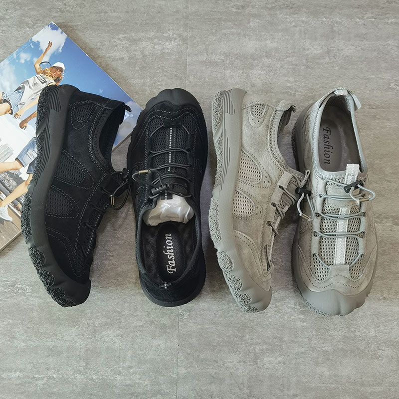 Foreign Trade Outdoor Casual Shoes Men's Summer Breathable Mesh Shoes Genuine Leather Soft Bottom Hiking Sneakers Anti-Wear Mountaineering Shoes