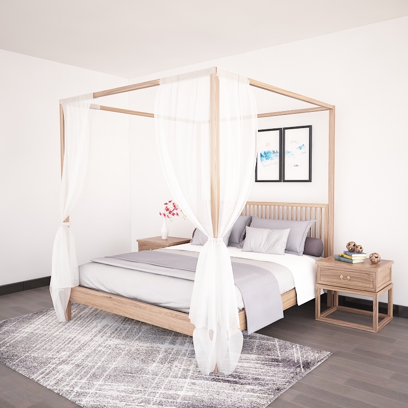 New Chinese master bedroom 1 8 m double bed minimalist old elm wood furniture four columns pure solid wood large bed luxury shelf bed-Taobao