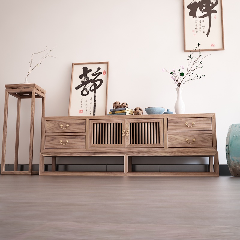 New Chinese TV Cabinet Living Room Audiovisual Background Dwarf Cabinet Elm Wood Floor Cabinet Containing Cabinet Zen Solid Wood Furniture Custom-Taobao