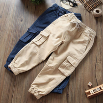 Boys casual pants 2021 autumn new childrens pure cotton yarn wash multi-pocket overalls pants