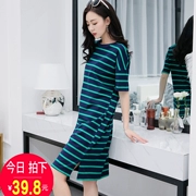 Váy ngủ nữ mùa hè mới cotton sọc ngắn tay trong phần dài của bộ đồ ngủ Hàn Quốc váy rộng kích cỡ váy nữ