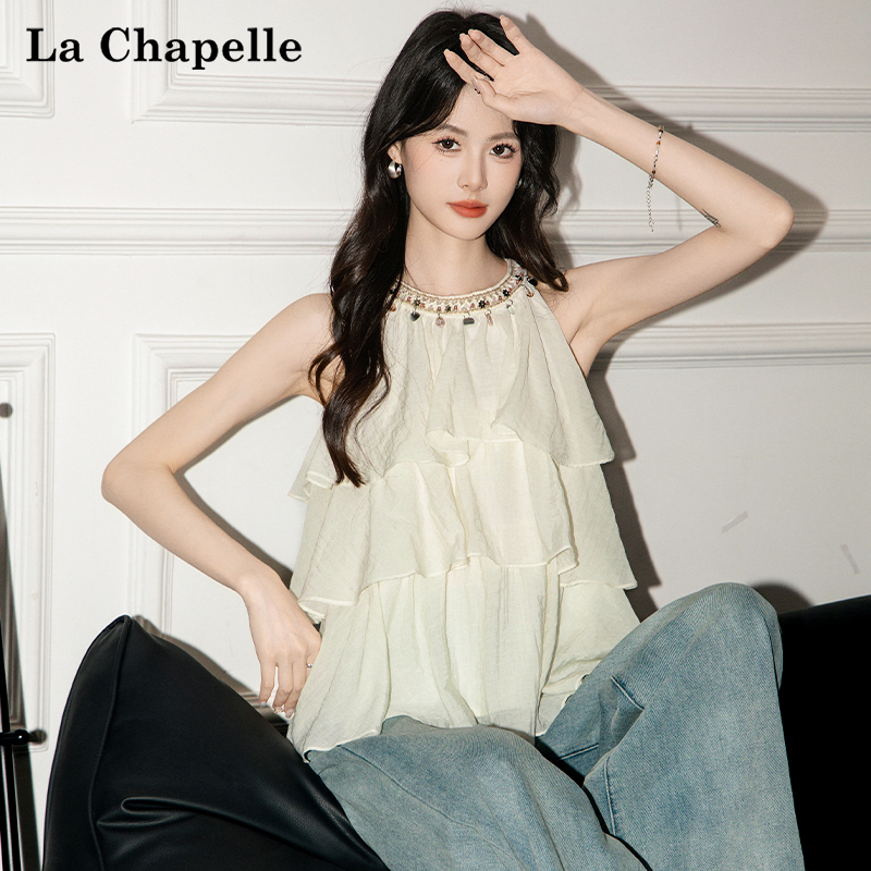 La Chapelle 韓国デザインステッチホルターネックキャミソールベスト レディース 2025年夏新作 スリムショルダートップ