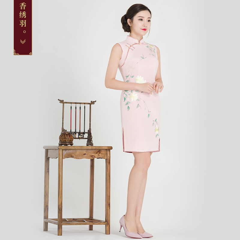 香绣羽 Silk cheongsam, summer skirt, fresh short dress, fitted