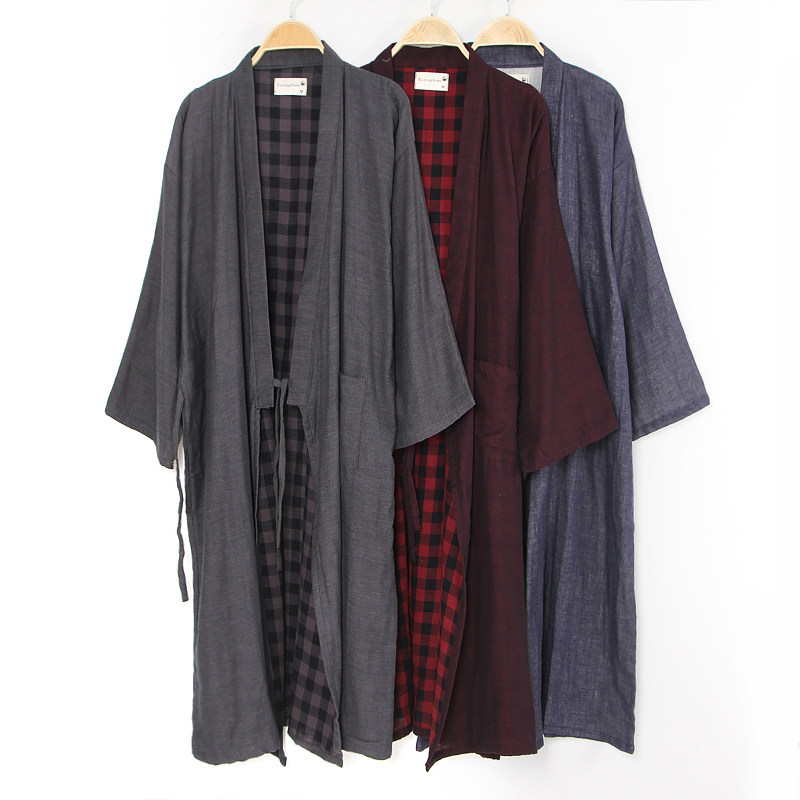 Spring and Autumn Japanese style Japanese style nightgown men's cotton gauze large size Hanfu kimono pajamas long version cardigan bathrobe sweat steam