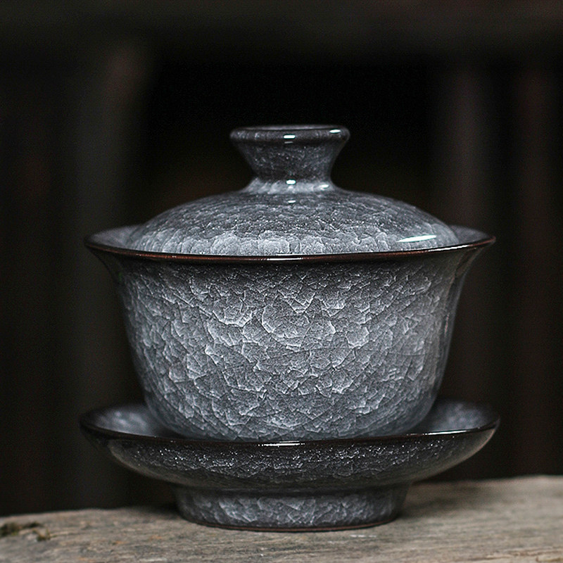 Longquan Sancai cover bowl teacup large single brew tea pure handmade iron tire ice crack ceramic kung fu tea set home