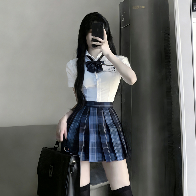 Oguriya Jk Uniform Set Original Authentic School Style Blue Plaid 39cm Short Skirt Waist-Cinching Pure Desire Style Shirt Summer Oguriya Jk Uniform Set Original Authentic School Style Blue Plaid 39cm Short Skirt Waist-Cinching Pure Desire Style Shirt Summer